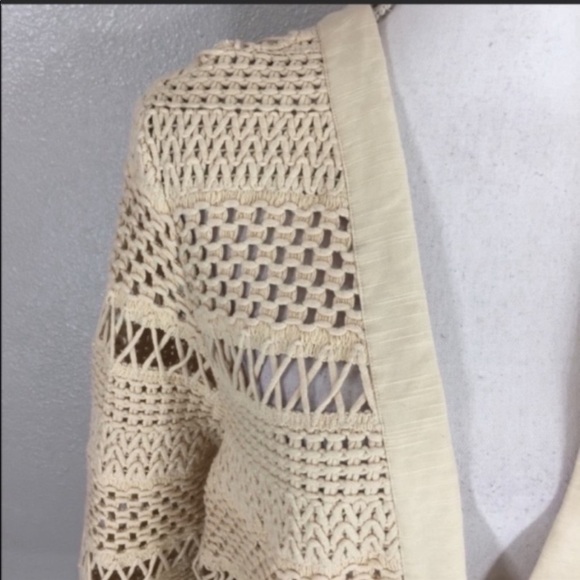 Chico’s Wheat & Cream Macrame Crochet Open Front Soft Spring Cardigan Size Large - Picture 2 of 7